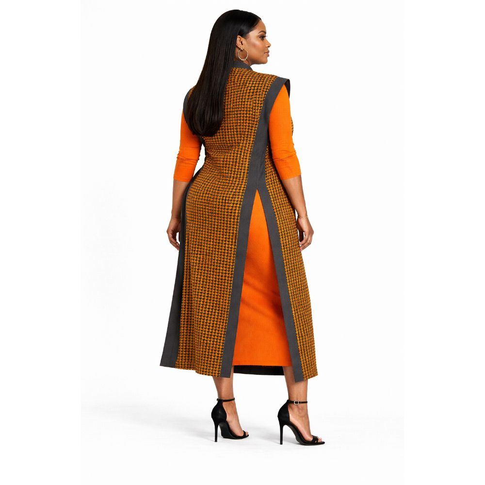 Orange Ribbed Midi Dress with Patterned Sleeveless Overlay